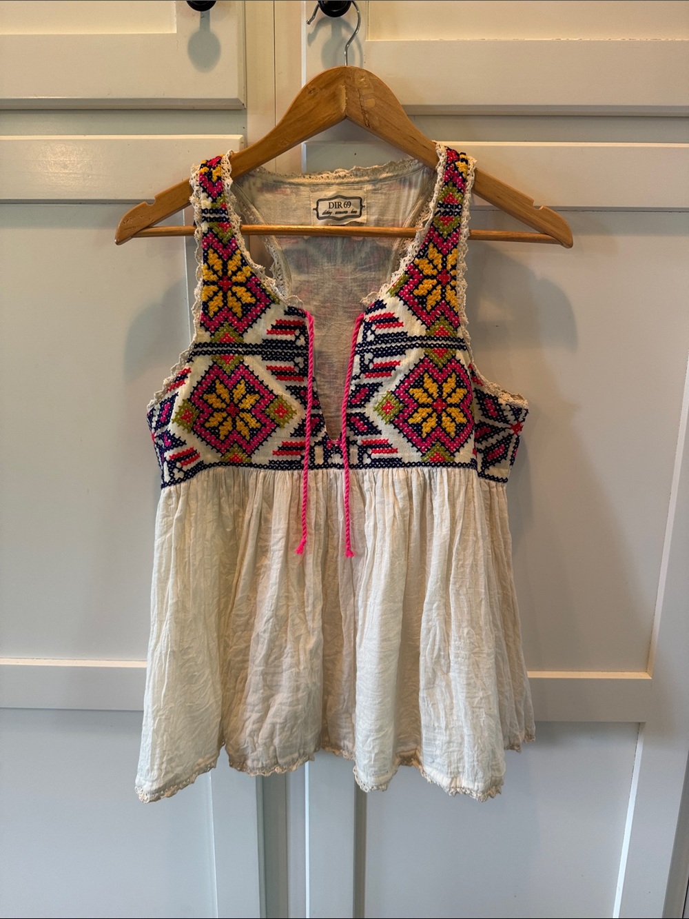 White Cotton Peasant Tank with Pink & Yellow Embroidery